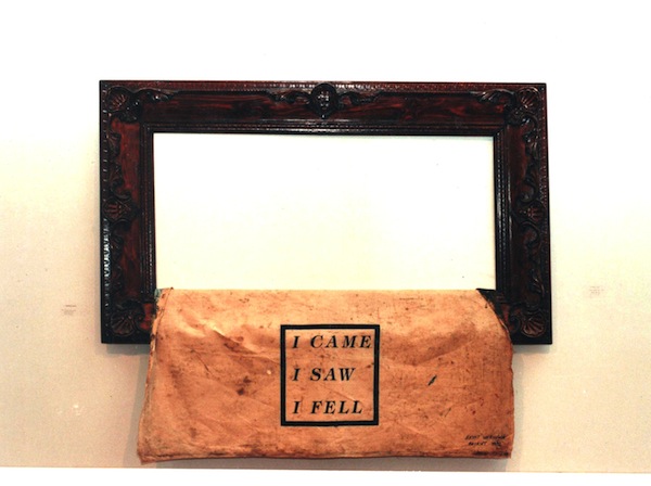 Anita Toutikian, I Came I Saw I Fell, 1996 Contraceptual Art with oil painting, Frame, stencil print on back of canvas, 120 x 150 cm. Photo taken at the Sursock Museum, Beirut 1996