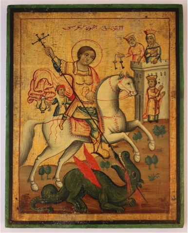 Jerusalem School painter, Icon of St George, est.late 1800s, egg tempera on wood
Courtesy of Collection George Al Ama.
