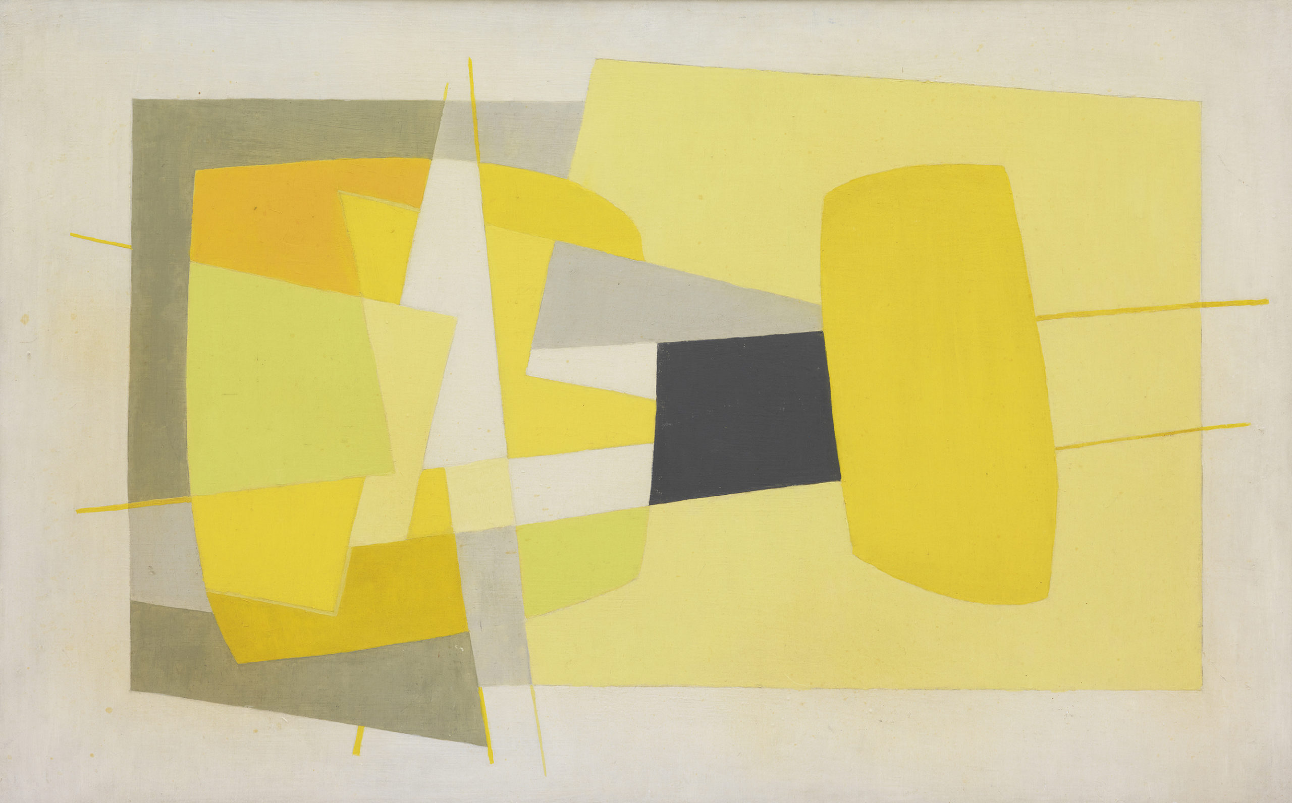 Saloua Raouda Choucair, Composition in Yellow, 1962–65, Oil on fiberboard, 51.4 × 81.3 cm. Image courtesy of Barjeel Art Foundation, Sharjah. 