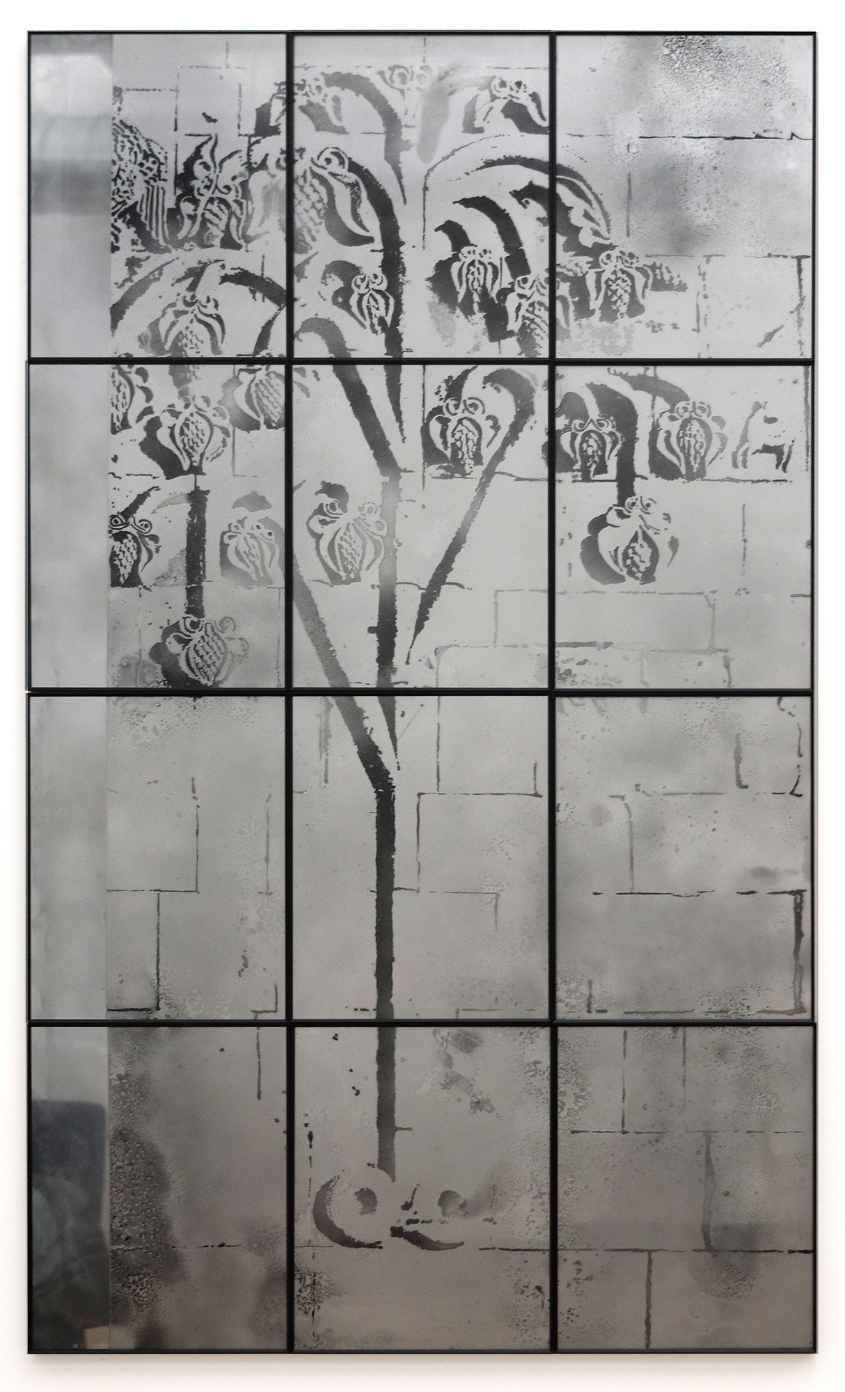 The Eastern Wall Fig. 1 (Gardens of Eurasia), 2022, Hand-painted liquid mirror and enamel on glass in aluminum frame, Twelve panels, overall 56.5 x 33.5 inches.
Image courtesy the artist and Fridman Gallery, NY.
