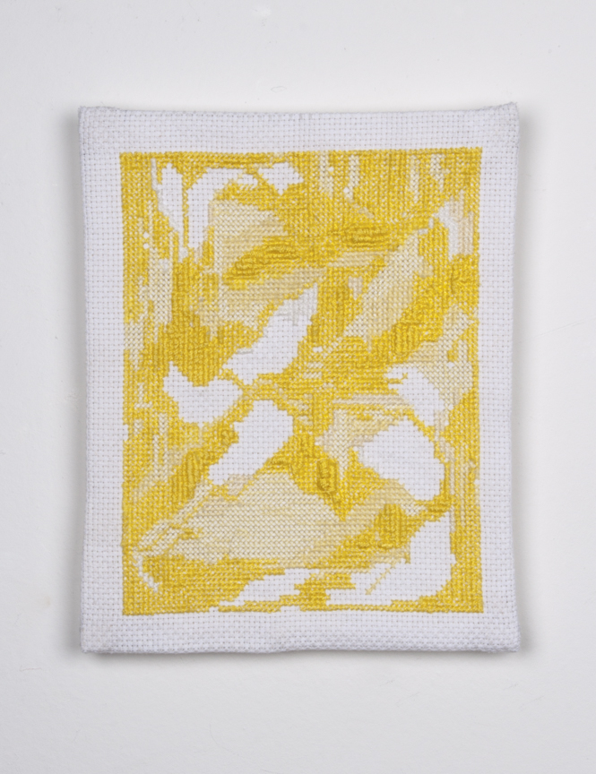 Yellow Monochrome 2017, textile, Palestinian embroidery, cotton thread, 22.86 x 18.5 cm