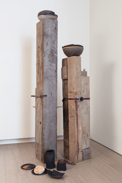 fieldwork to the unconsoled, installation view, 2018, found wood, ceramics, metal, bread
