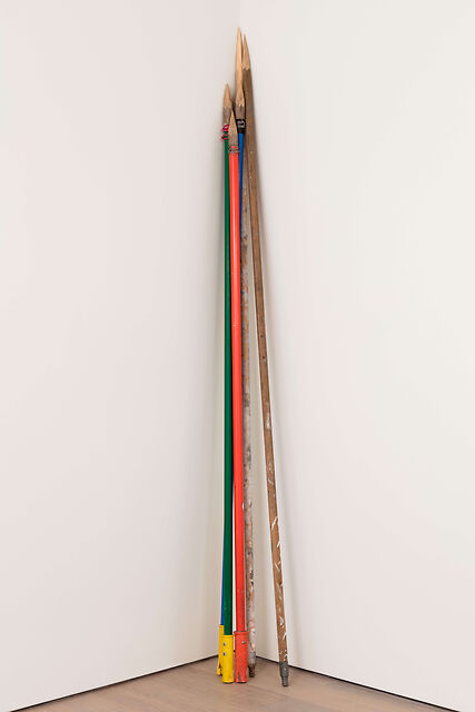 spears, 2018, reclaimed mop sticks, wood, wire, 65 x 15 x 20 in.