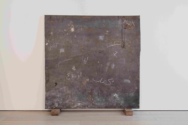 letters, 2018, metal board, oil, chalk, 57 x 59 in.
