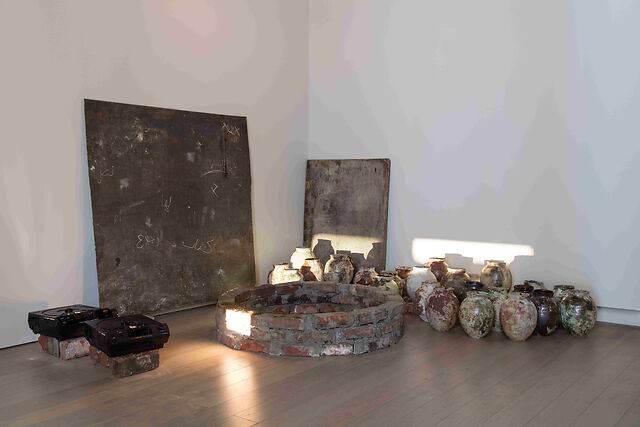 fieldwork to the unconsoled, installation view, 2018, found wood, ceramics, metal, 2 slide projectors

