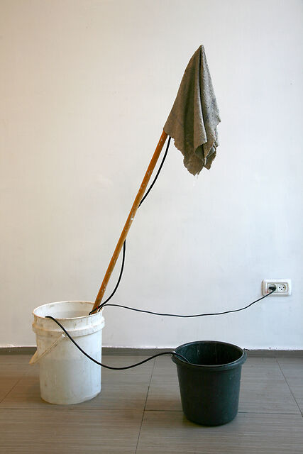 fountain, 2010, mop, 2 buckets, water, water pump, plastic tubes, 65 x 50 x 12 in.
