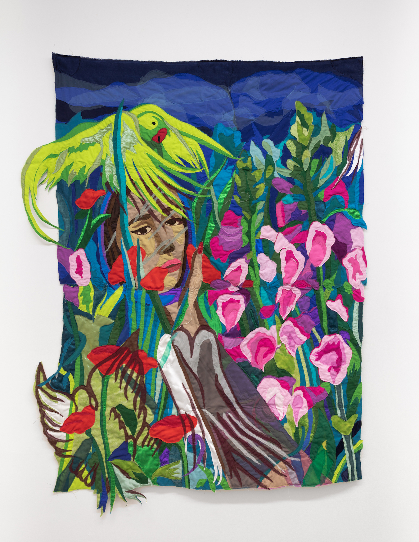 Self-portrait with Tooti Parrot, 2021, Chiffon, muslin, cotton, polyester, silk, net mesh, suede, color pencil, velvet, and found fabric, 58.5 x 44.5 in
Courtesy of Cooper Cole, Toronto