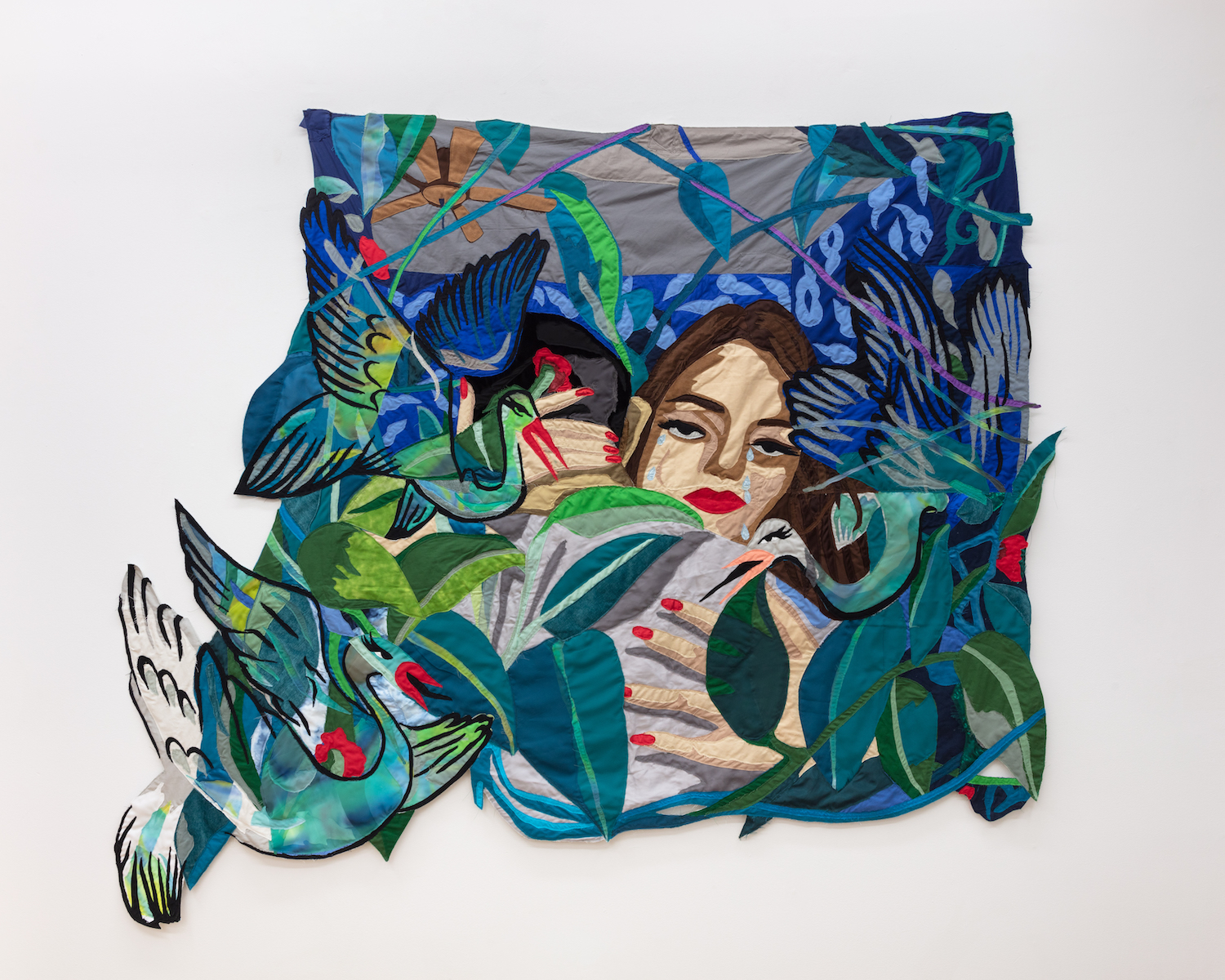 The Lovers I / The Chanting Storks, 2021, Chiffon muslin, cotton, polyester, silk, acrylic paint, suede, and found fabric, 69 x 78 in
Courtesy of Cooper Cole, Toronto