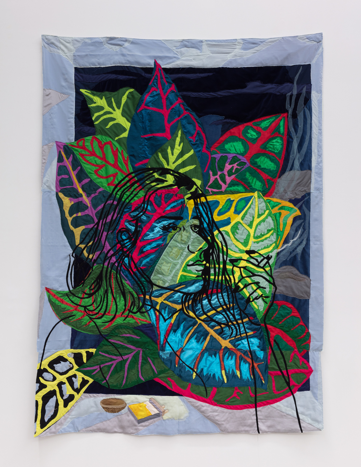 Self-portrait with the Croton Petra Plants, 2021, Chiffon, muslin, cotton, polyester, silk, velvet, net mesh, color pencil, and found fabric, 80 x 58 in
Courtesy of Cooper Cole, Toronto