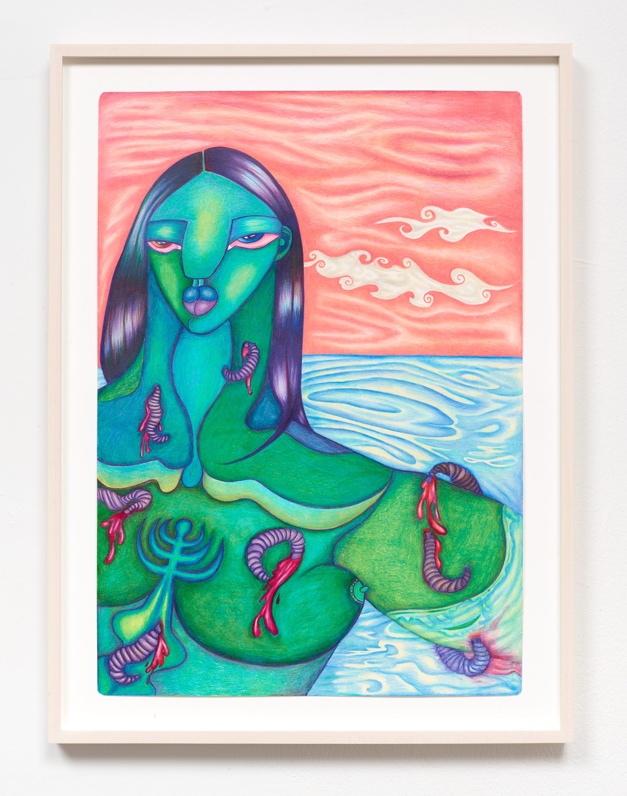Walking through dreams, nightmares, and memories (Part 1), 2021, Colored oil pencil on paper, 27 x 20 in (Framed)
Courtesy the artist and Kapp Kapp