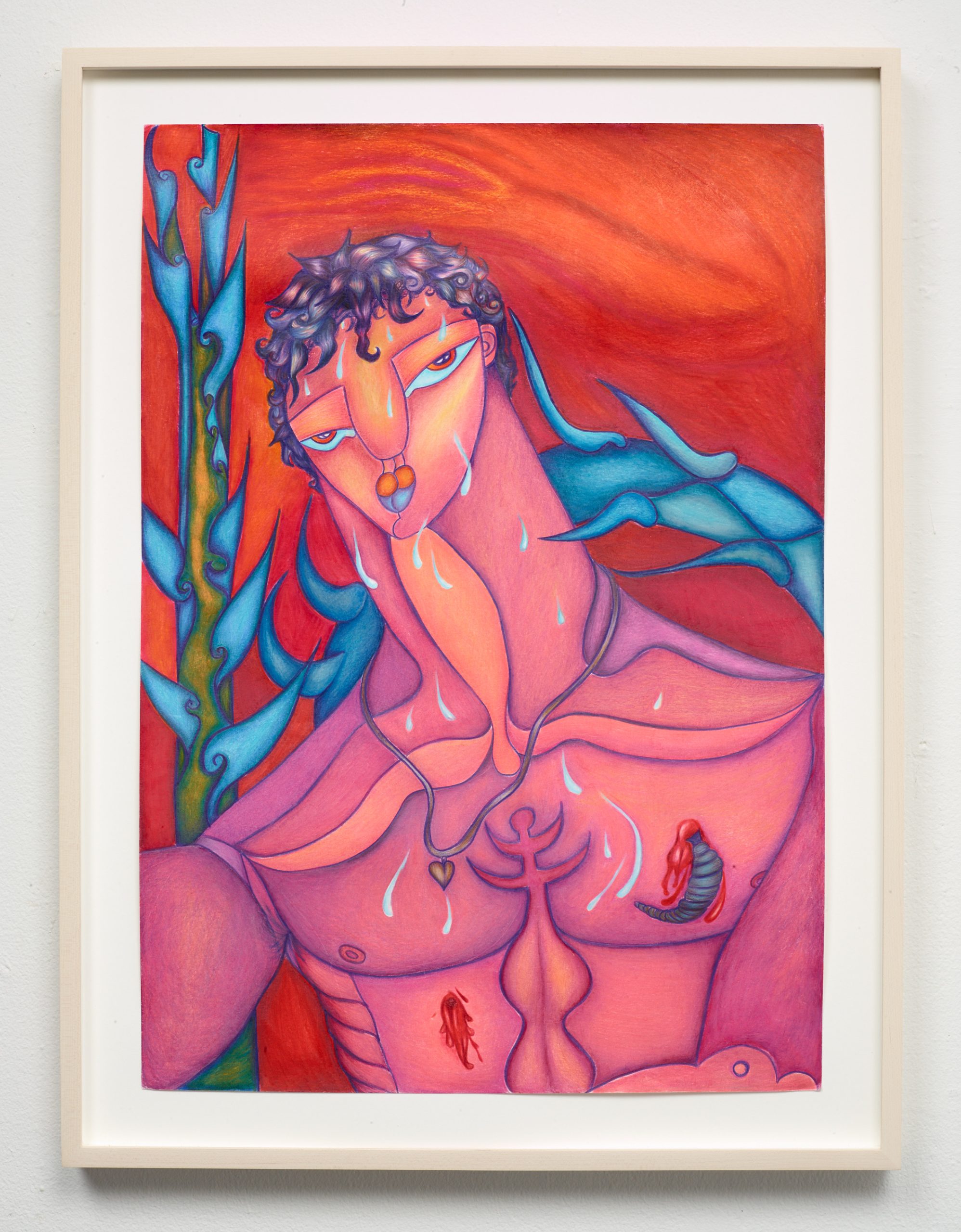 Gut Feelings, 2021, Colored oil pencil on paper, 27 x 20 in (Framed)
Courtesy the artist and Kapp Kapp