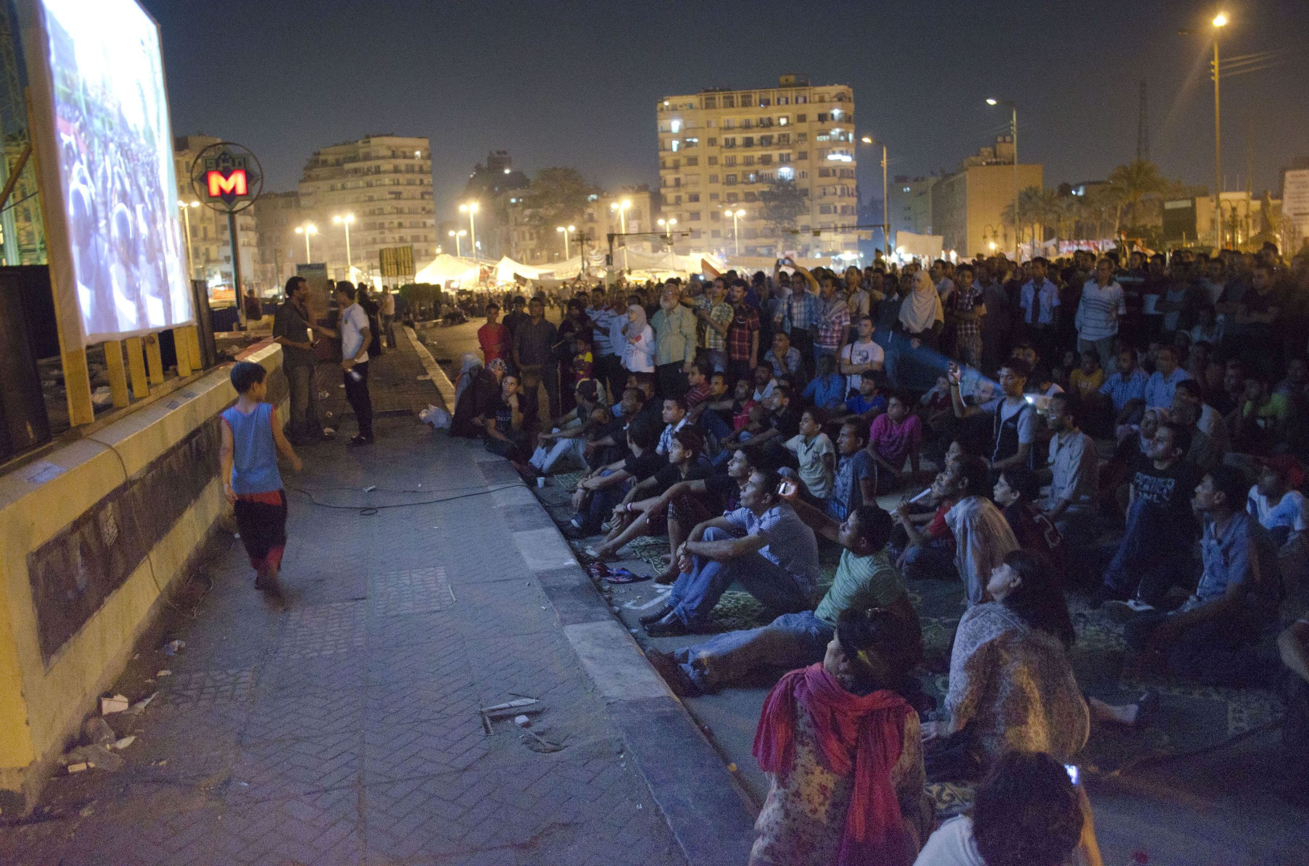TAHRIR CINEMA, 2011, Tahrir square, screenings in situ, July sit in, Cairo, Egypt.