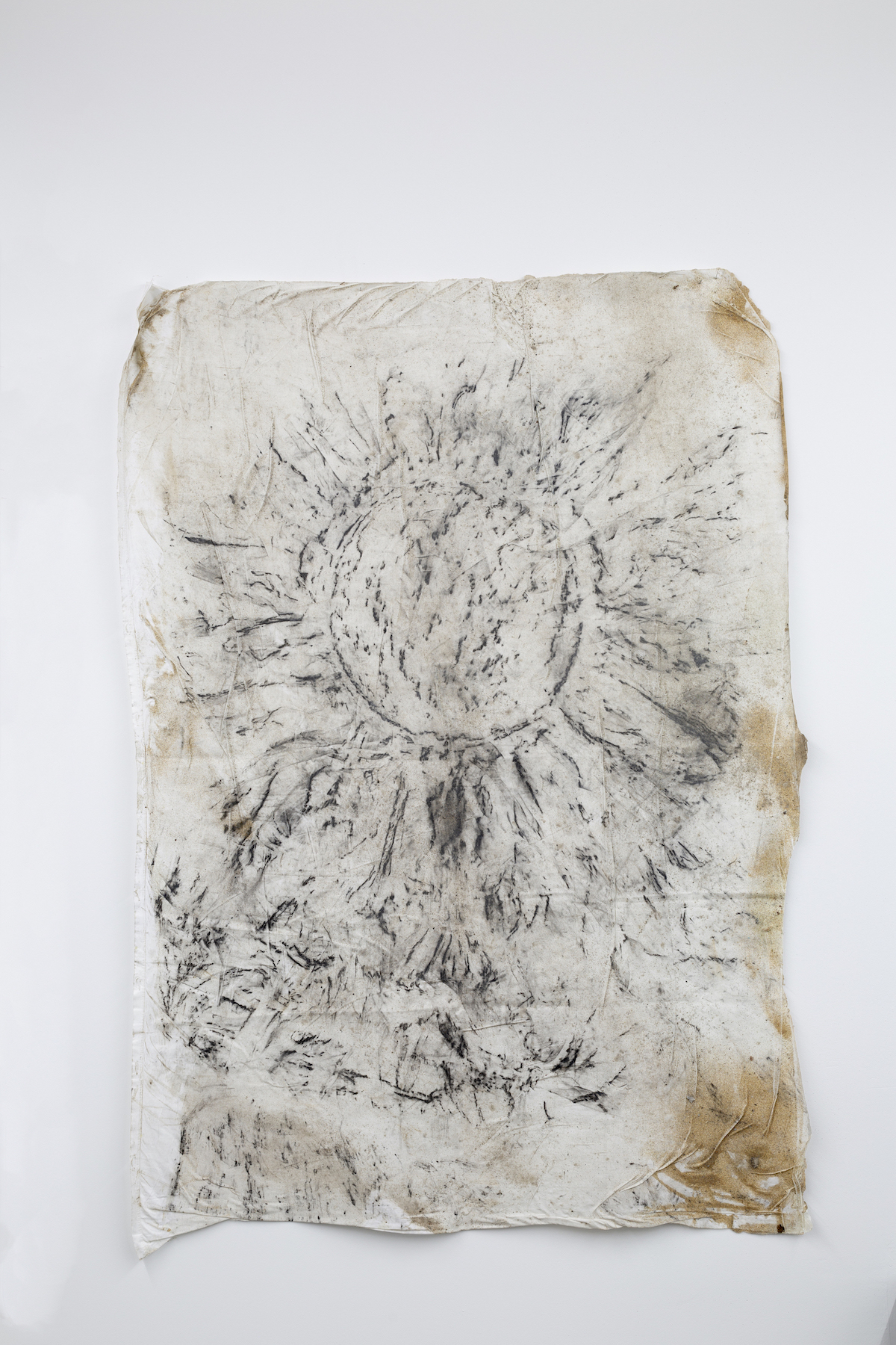 Collonade, 2021, Cotton, charcoal, ash, sand, 178 x 130 cm