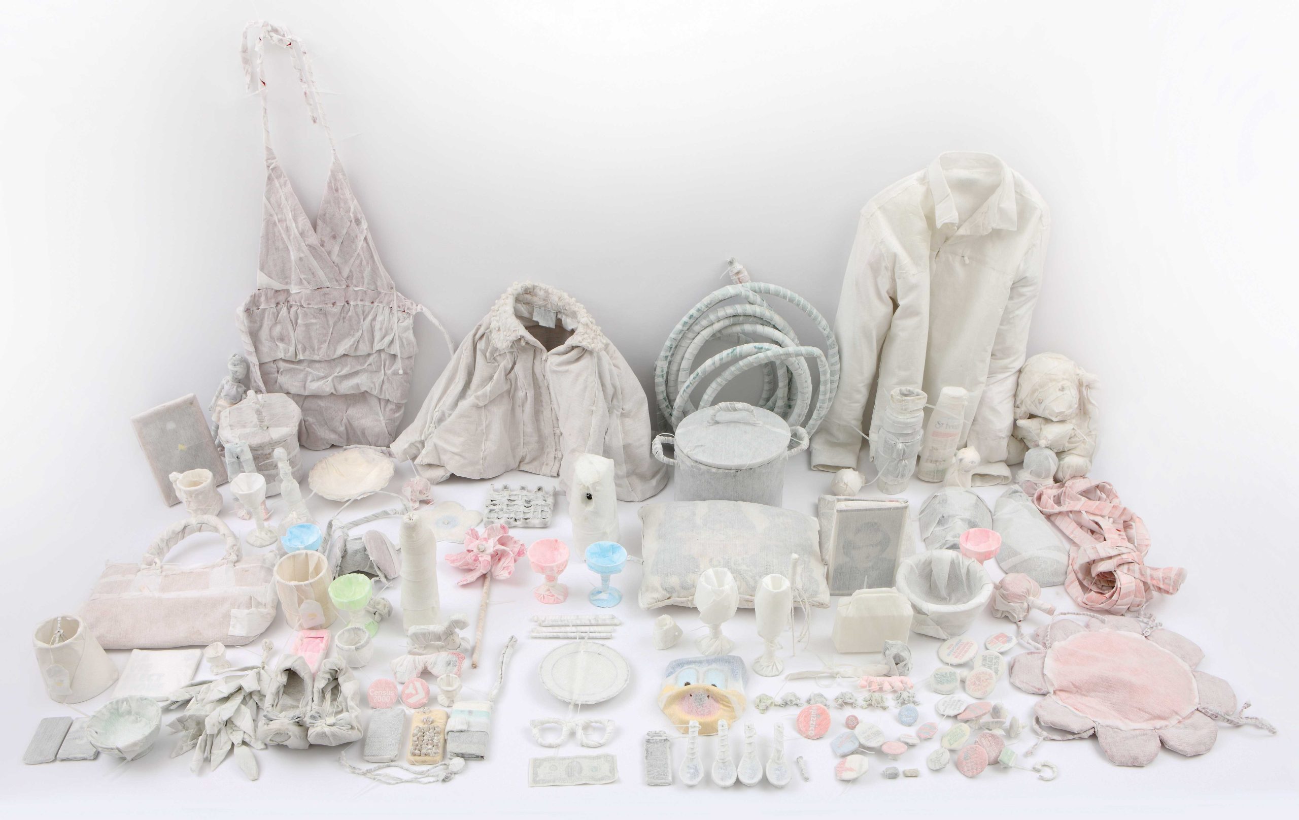 Almost Gone, 2016, Installation, 121 objects gathered from people in New York State, wrapped with wipe, Dimensions variable. Photo by Manour Dib