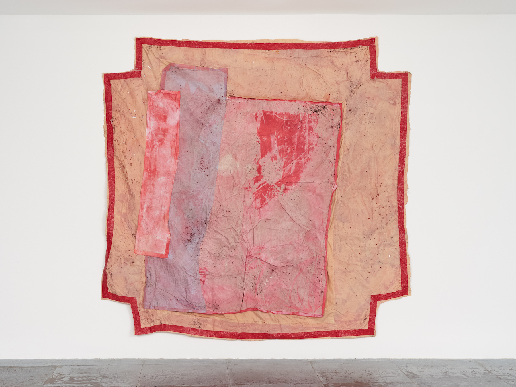 Hibiscus, 2022, discarded fabric, dye extracted from different wild flowers, rainwater, ash, 2 x 2 m