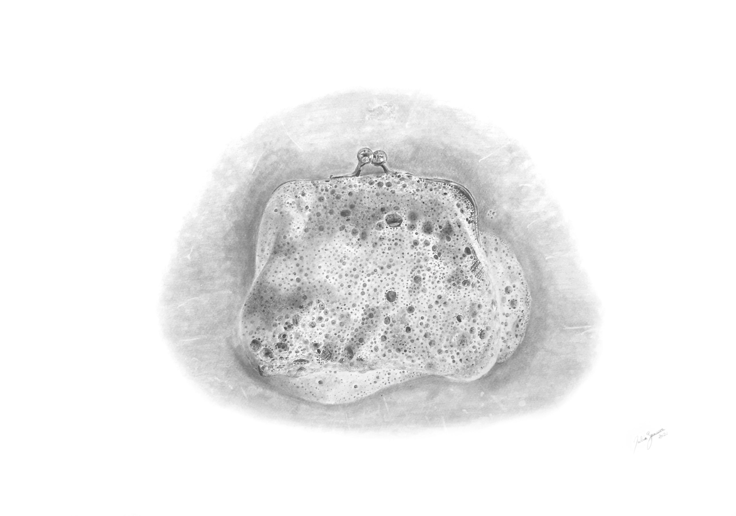Coin Clutch, 2022, Graphite on Paper, 35 x 50 cm. Courtesy of the Artist