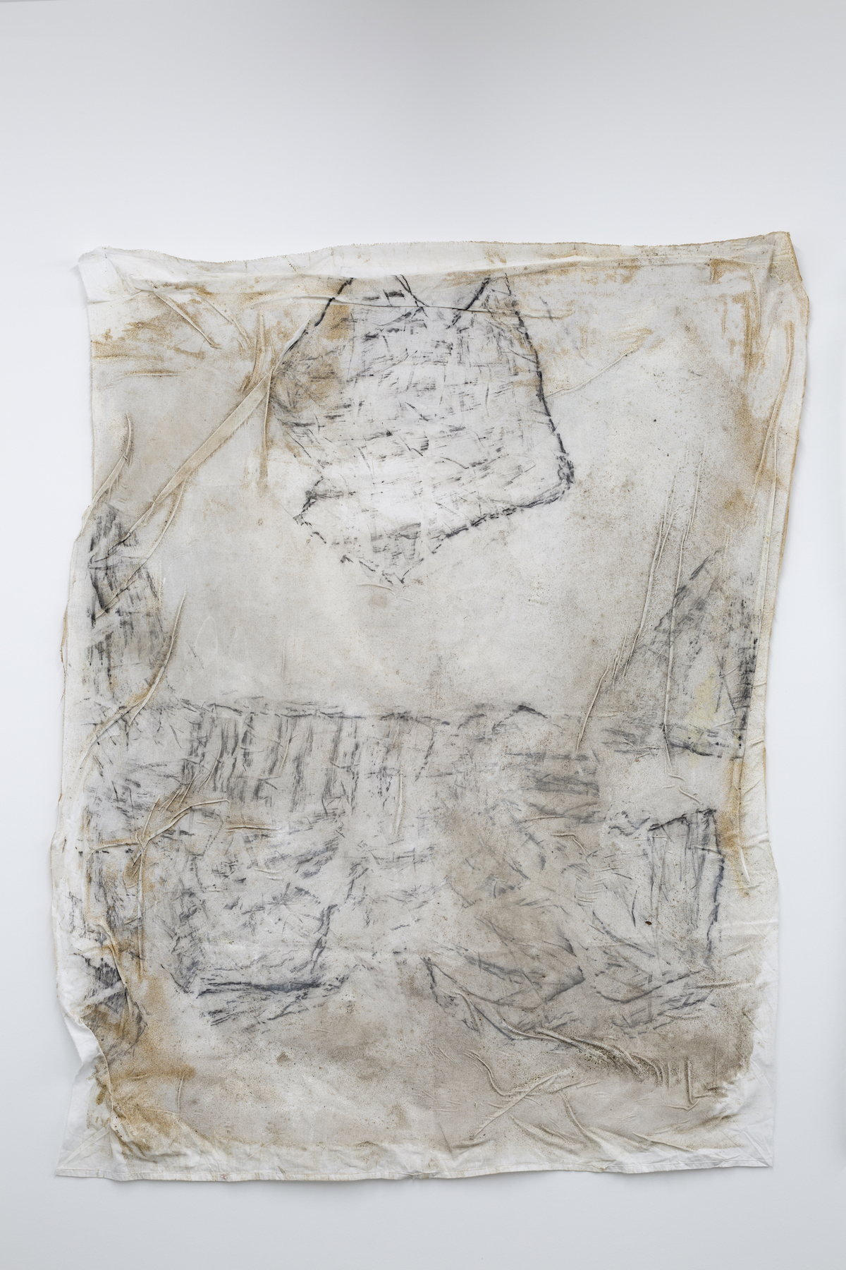 Al Bass I, 2021 Cotton, charcoal, ash, sand, 187 x 145 cm