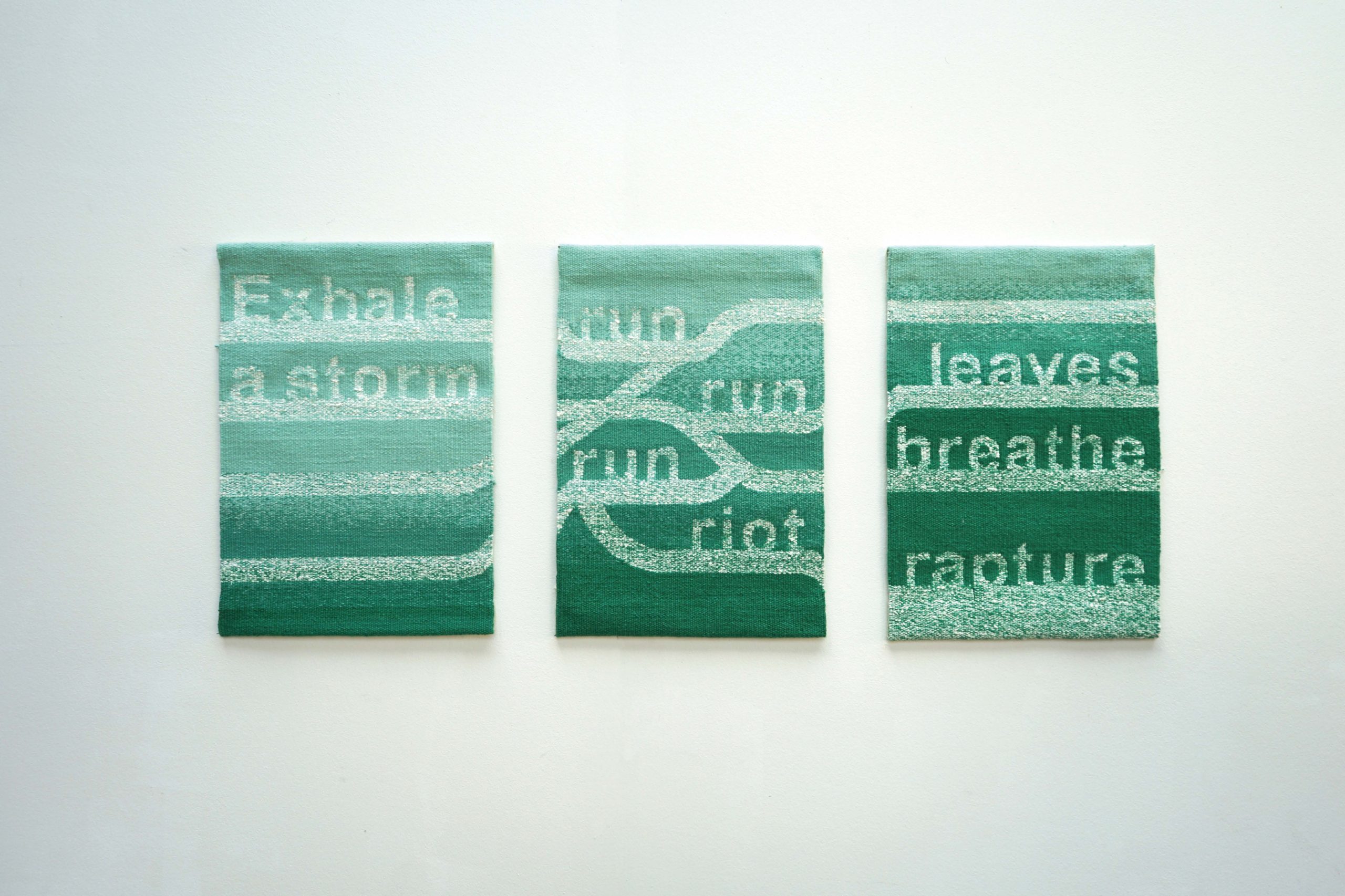 Exhale Triptych, 2021, Tapestry with Wool, paper thread with text, 40 x 60 cm each.