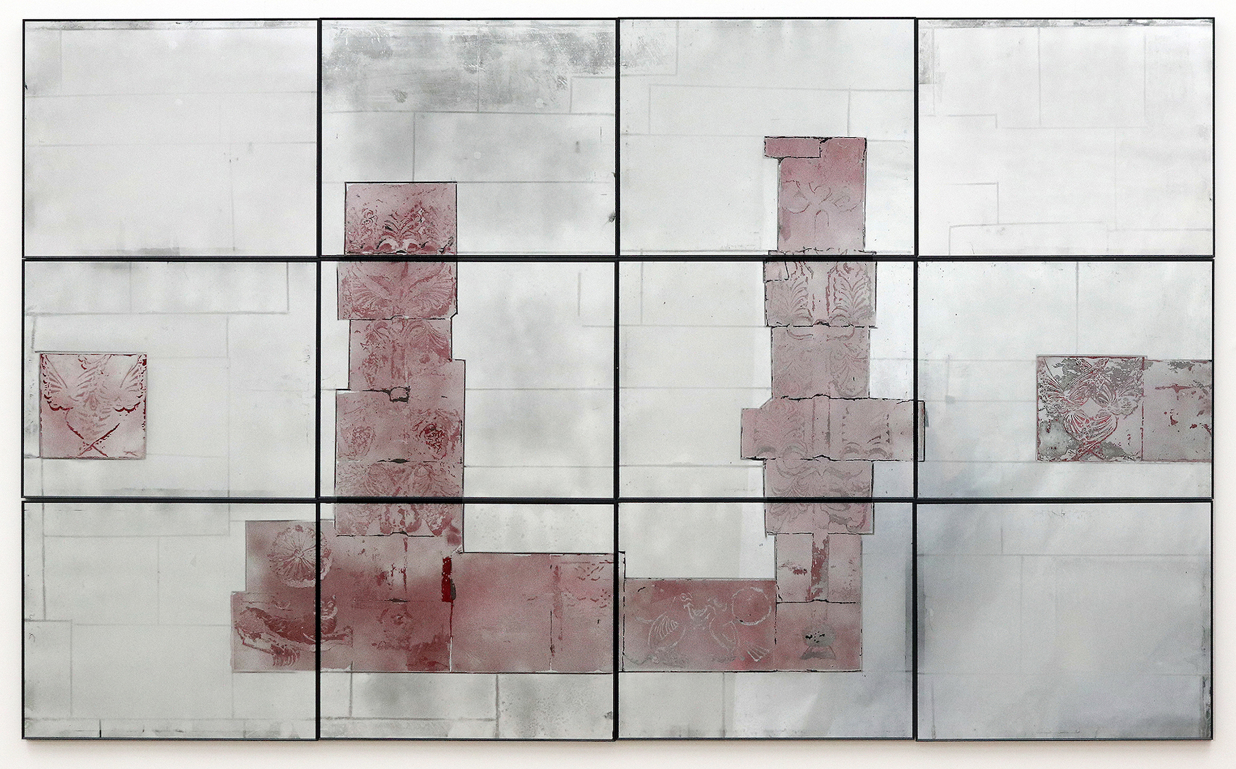 13. Gardens of Eurasia (Gifts of Stones and Earth), 2022, Hand-painted liquid mirror and enamel on glass in aluminum frame, Twelve panels, overall 48.5 x 80.5 inches.
Image courtesy the artist and Marisa Newman Projects, NY.

