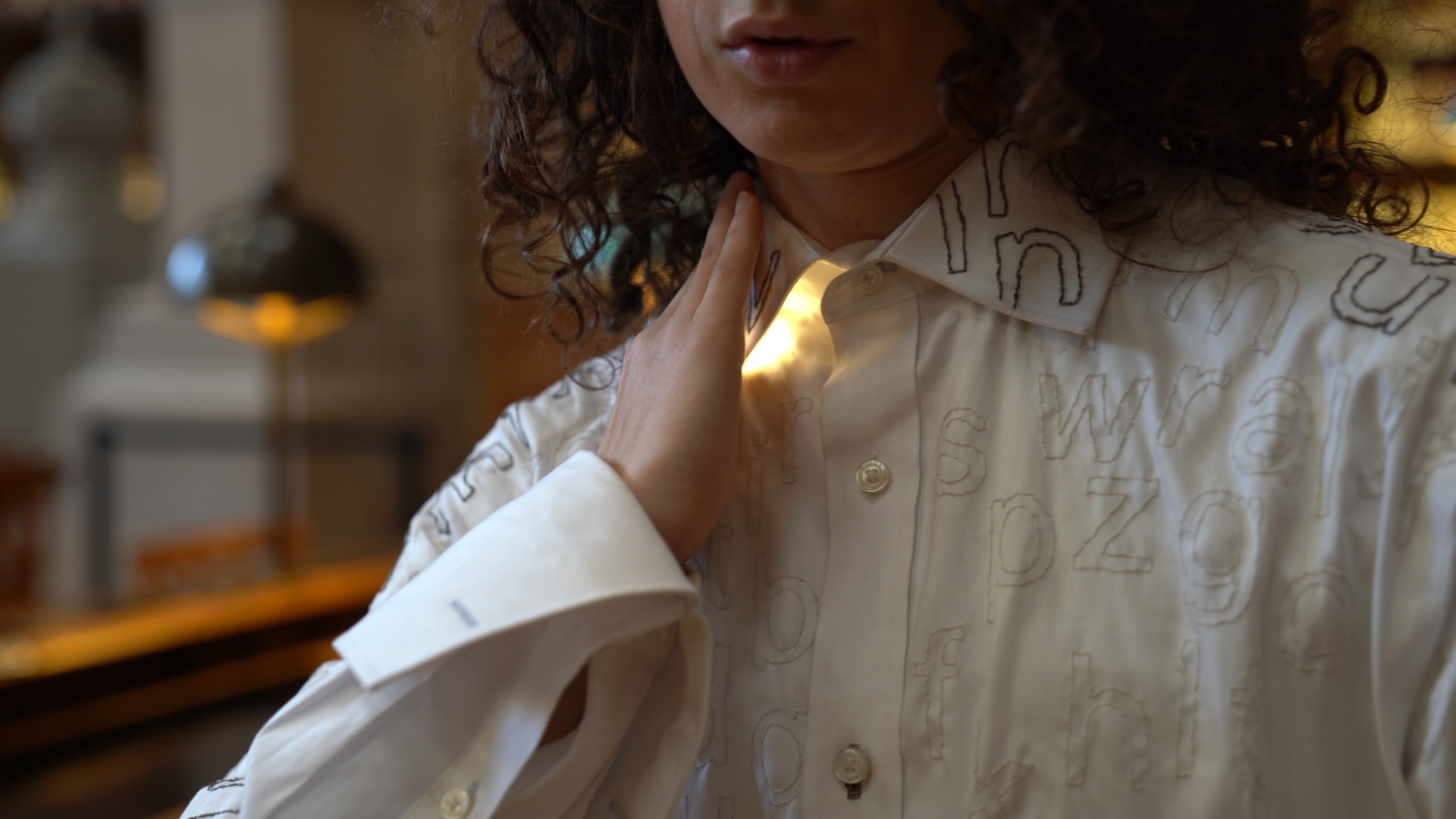 Body Memory, 2021, Performance shown at l’Institut National de L’Histoire de l’Art, Embroidered shirt, arduino system, sound, conductive thread. 3 minute video