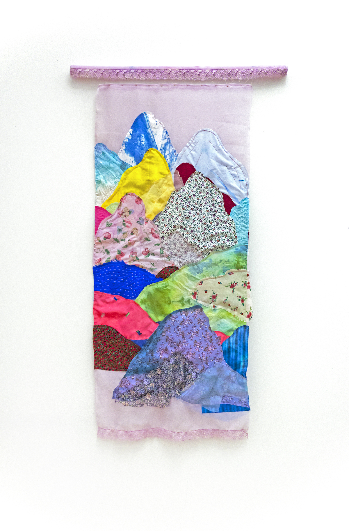 Far away, hand dyed cotton cloth, 2022, found cloth, ribbon, wood bar, 51 x 30 in