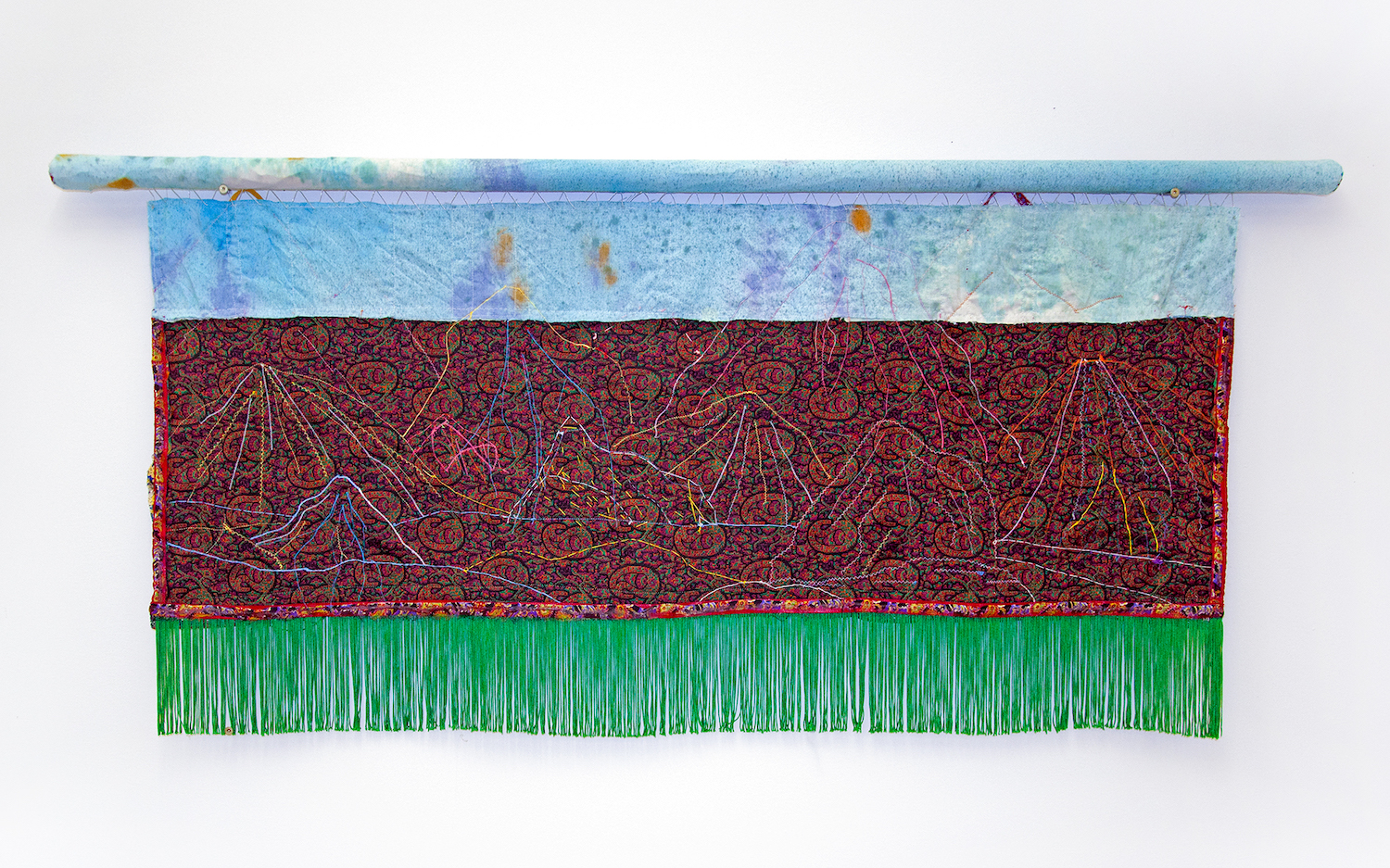 All I remember (back), 2022, hand-dyed cloth, handwoven Persian textile (Termeh), ribbon, fringe, wood bar, 25 x 56 in