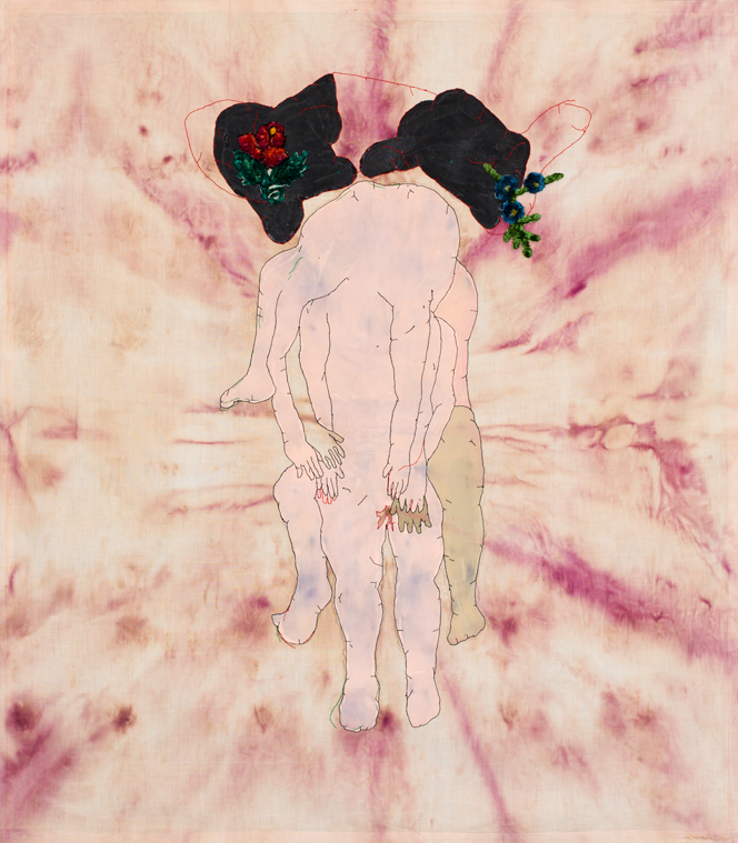 Emanet Saman/The Entrusted Shaman, 2020, Stitching, painting on pillowcase dyed with plant extracts (hibiscus); back: embroidery on dyed fabric, 104 x 93 cm