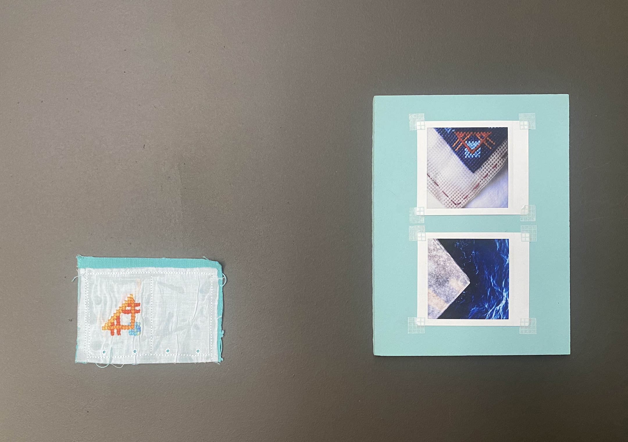 Left: Repetition of Motif - Muscle Memory, 2022, Cotton thread on linen, synthetic fabric 
Right: Polaroid image, Edge of the city, Motif, on wooden board. 