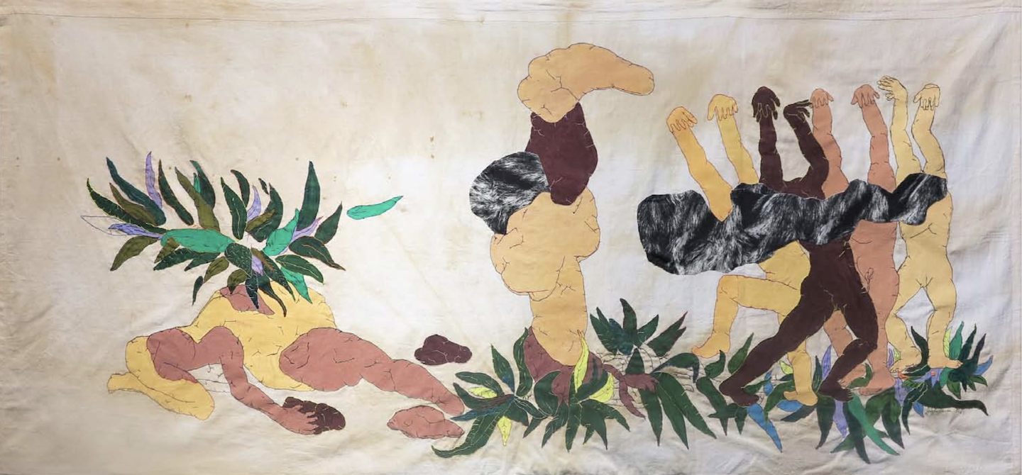Göğün Açılması, Uyuyan Tohumlarin Dansı / Sky Opening, Dance of the Dormant Seeds, 2020, Stitching, painting and patchwork on duvet dyed with plant extracts (Peganum harmala); back: embroidery on dyed fabric 97 x 205 cm