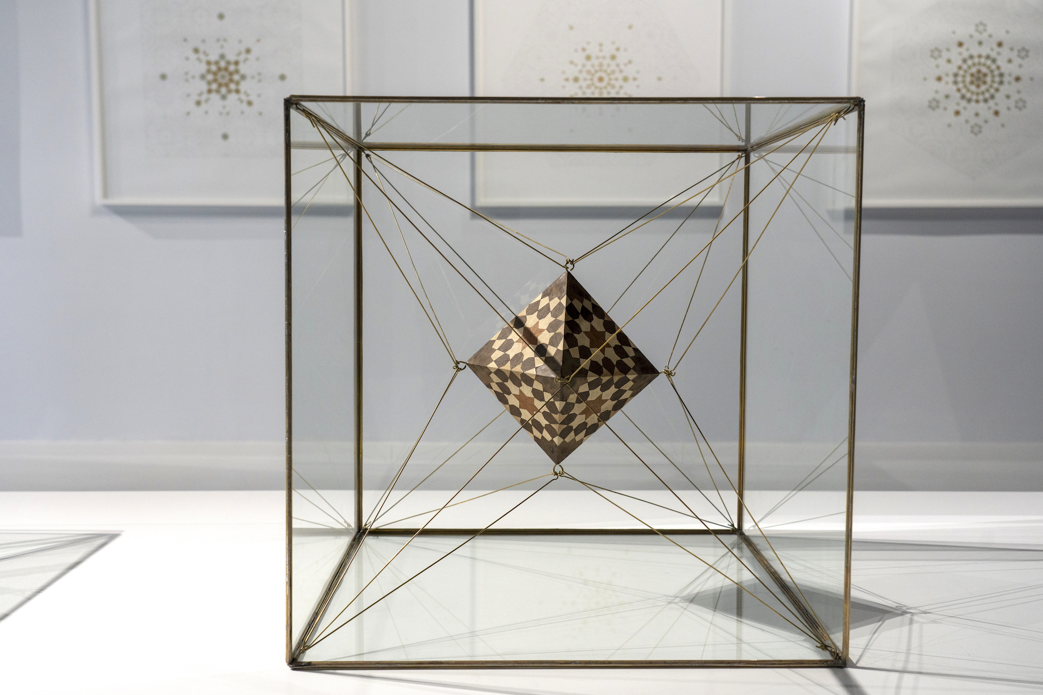 Installation shot of Octahedron Within a Cube II from The Platonic Solid Duals series, 2019, Wood, copper and brass, 121 x 100.2 x 100.2 cm. Image courtesy of Maraya Art Centre.