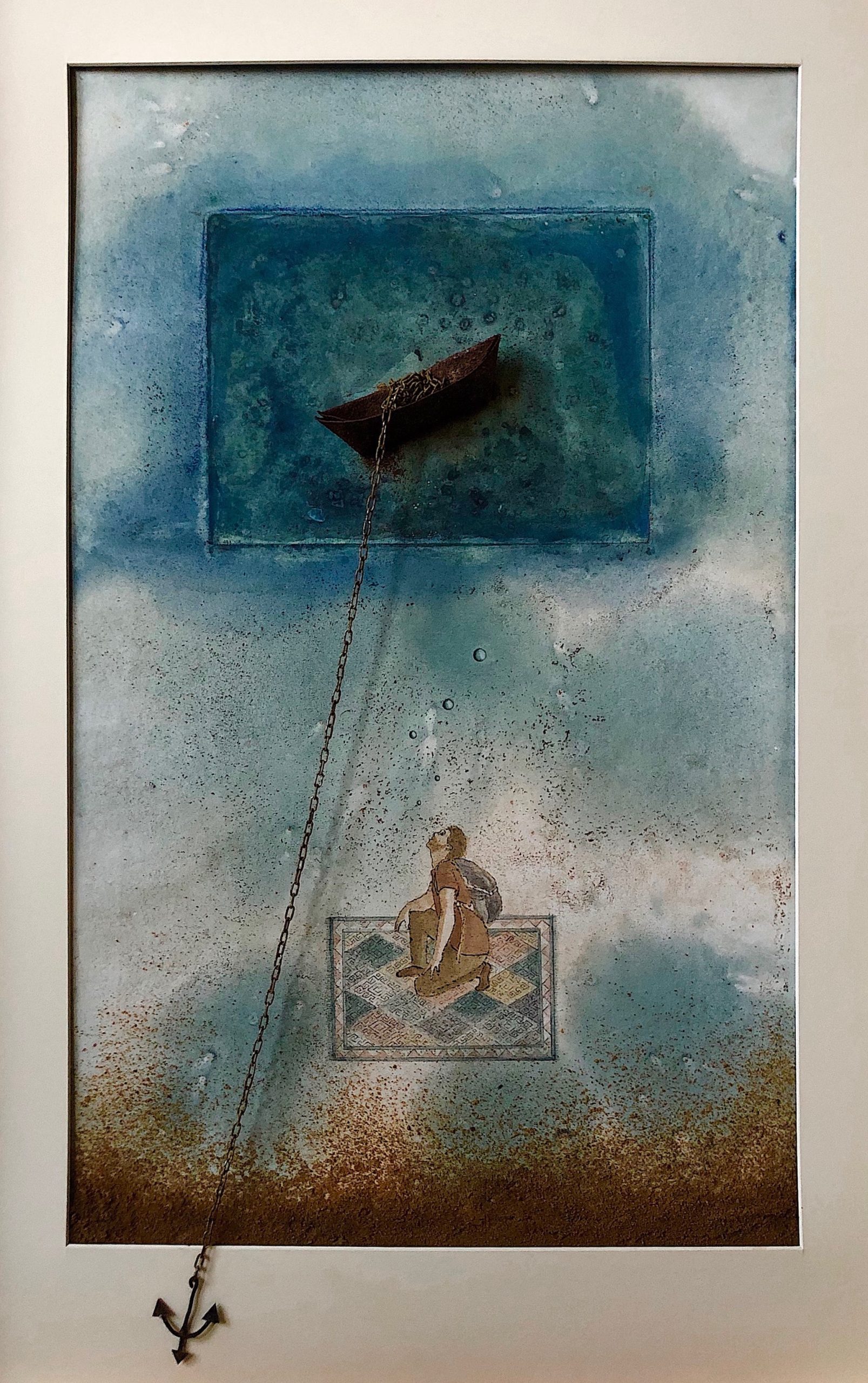 Drowning, 2019, Natural pigment, sand and iron on paper, 50 x 75 cm.