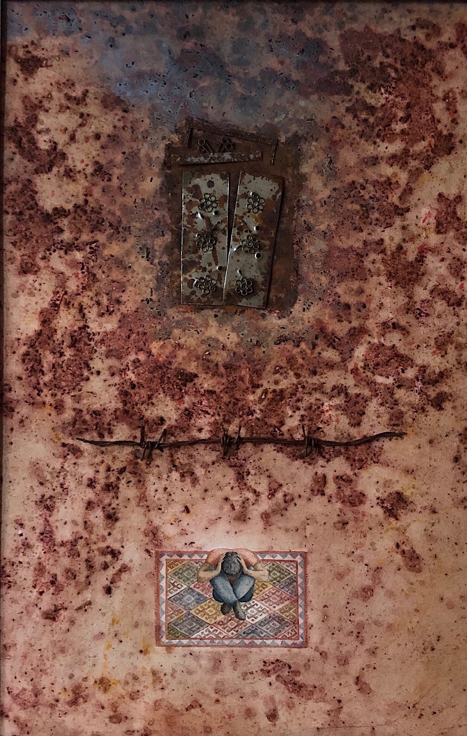 Despair, 2019, Natural pigment, barbed wire and Iron on paper, 50 x 75 cm.